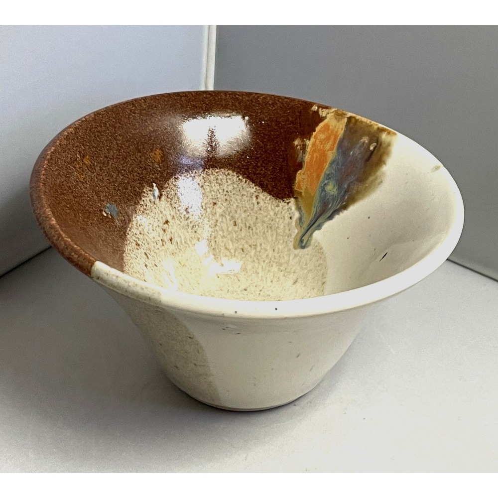 Vintage Studio Art Pottery Bowl Cream Brown Hand Crafted Drip Glaze Round